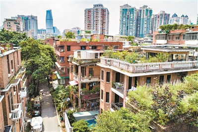 東山口民居，家家戶戶在屋頂擺放花草，極具生活氣息。